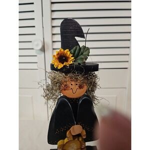 Vint Witch Cat Halloween Wooden Decor Handmade Painted Folk Art Primitive Retro